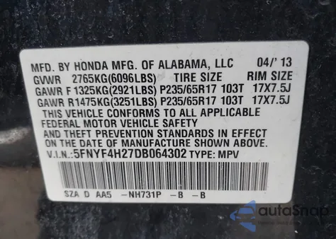 2013 Honda Pilot Lx z USA, uszkodzony, nr VIN 5FNYF4H27DB064302